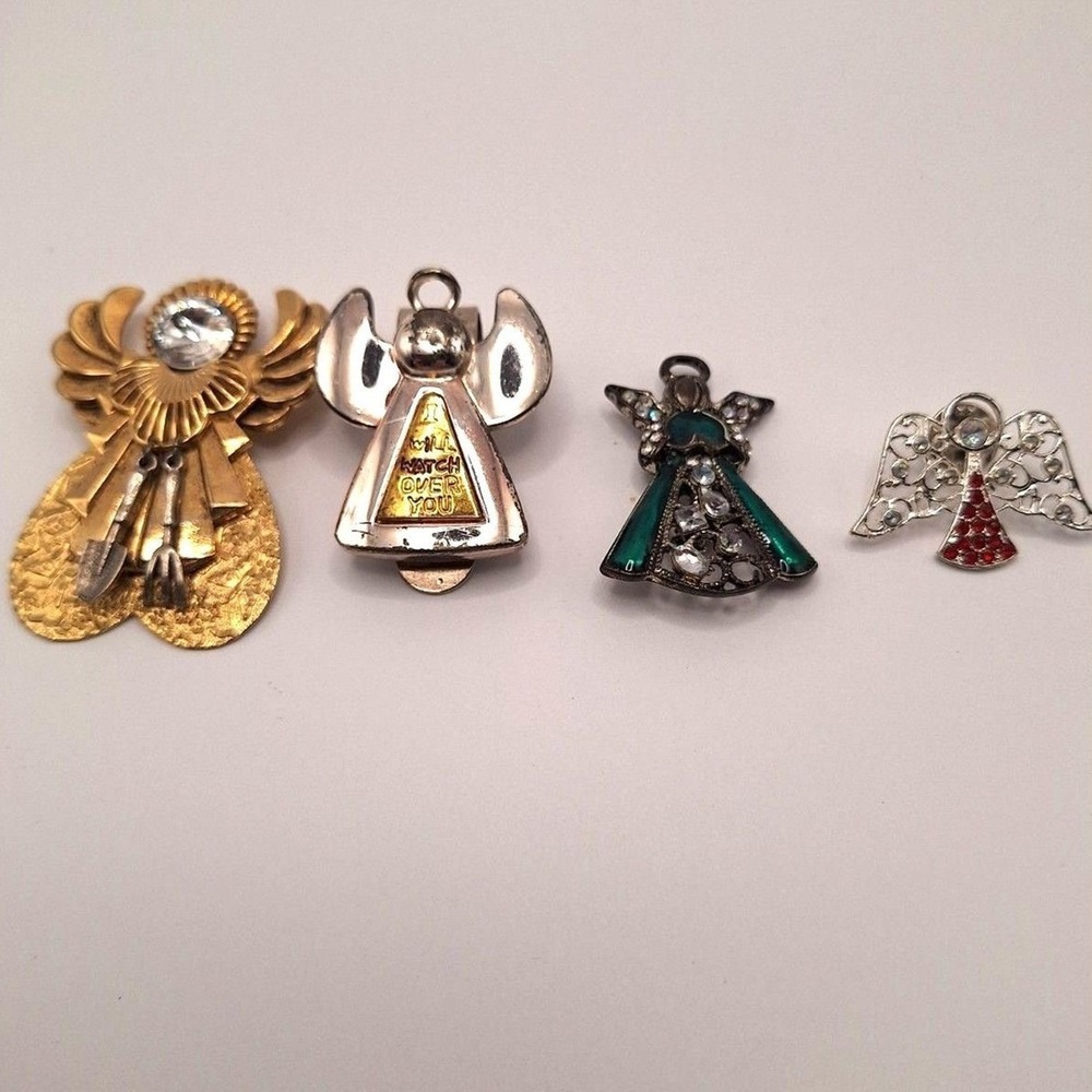 Angel brooches pins clip crystals enamel gold tone silver tone 2 tone set of 4